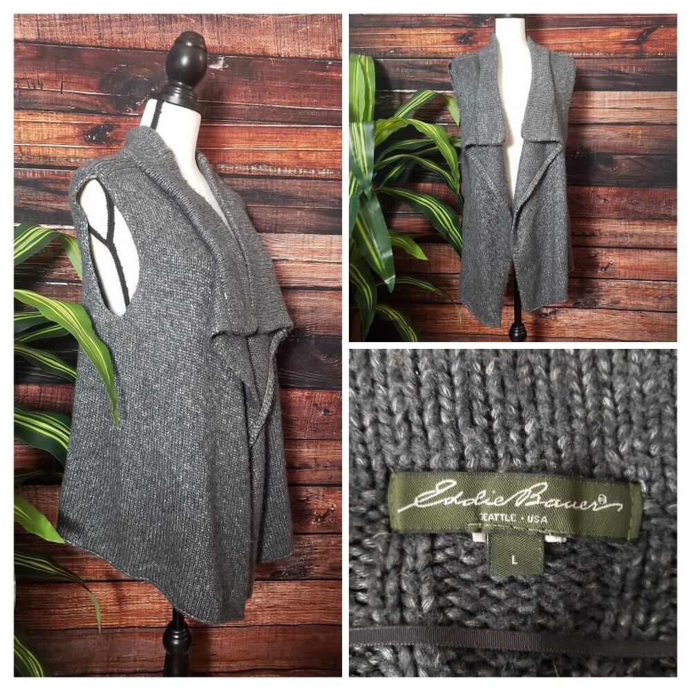 Eddie Bauer Sweater Vest L Angora Rabbit Blend Draped Gray Cable Knit Open Front